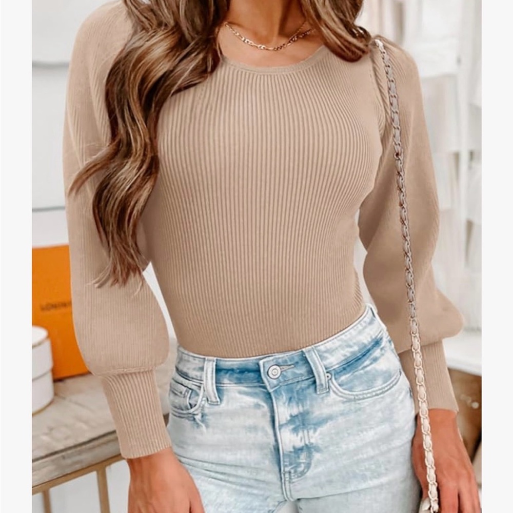 Beige Ribbed Long Sleeve Bodysuit